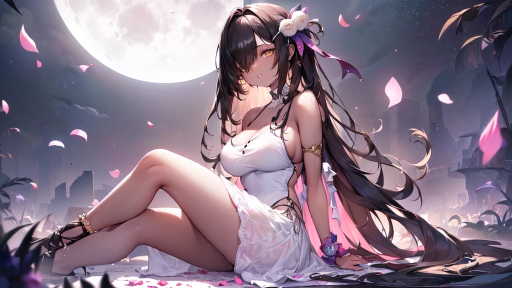 ((((Obra maestra, La mejor calidad, ultrahigh resolution)))), 1girl, standing,), ((long pure brown hair, hair over eye)), long hair cut, shiny skin, ((golden eyes)), glowing_eyes, neon eyes, (ultra detailed eyes:0.7, beautiful and detailed face, detailed eyes:0.9), ((centered)), smirk, facing viewer, ((vibrant background, dark lighting, summer, sunlight)), large chested, looking at viewer, ((half closed eyes)), ((perfect hands)), (((head:1, arms, hips in view, elbows, legs, in view))), ((hands behind back)), empty eyes, beautiful lighting, ((outside, outdoors)), defined subject, head tilt, (((gritty)), ((creepy)), ((cool)), ((beautiful)), (((SFW))), hair ornament, petals in the air, moon in the sky, city, woman, adult woman, sfw, pink and white dress, night dress, she is a princess, gal, dark skin, fullbody
