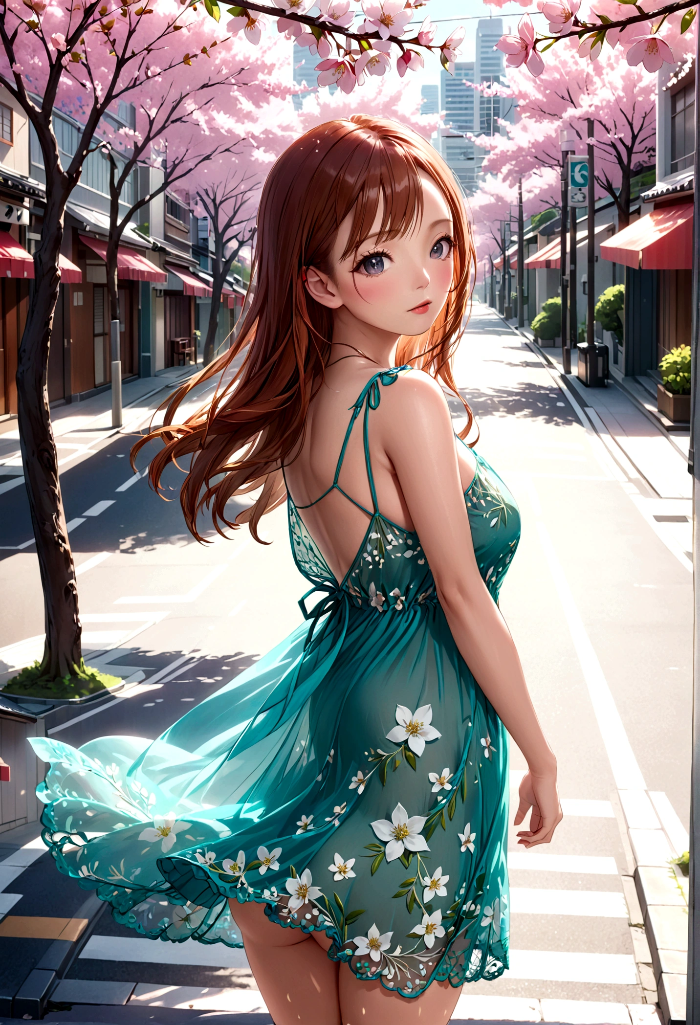 a lovely woman in a sheer brightly colored summer dress, carefree and flirting, low traffic sidewalk in Tokyo, detailed face and body, beautiful detailed eyes, beautiful detailed lips, extremely detailed eyes and face, long eyelashes, masterpiece, photorealistic, 8k, ultra-detailed, vibrant colors, natural lighting, cinematic, hyper-realistic, atmospheric, detailed environment, cherry blossom trees, warm tones, shallow depth of field, dappled sunlight. View from behind. Gentle breeze no panties
