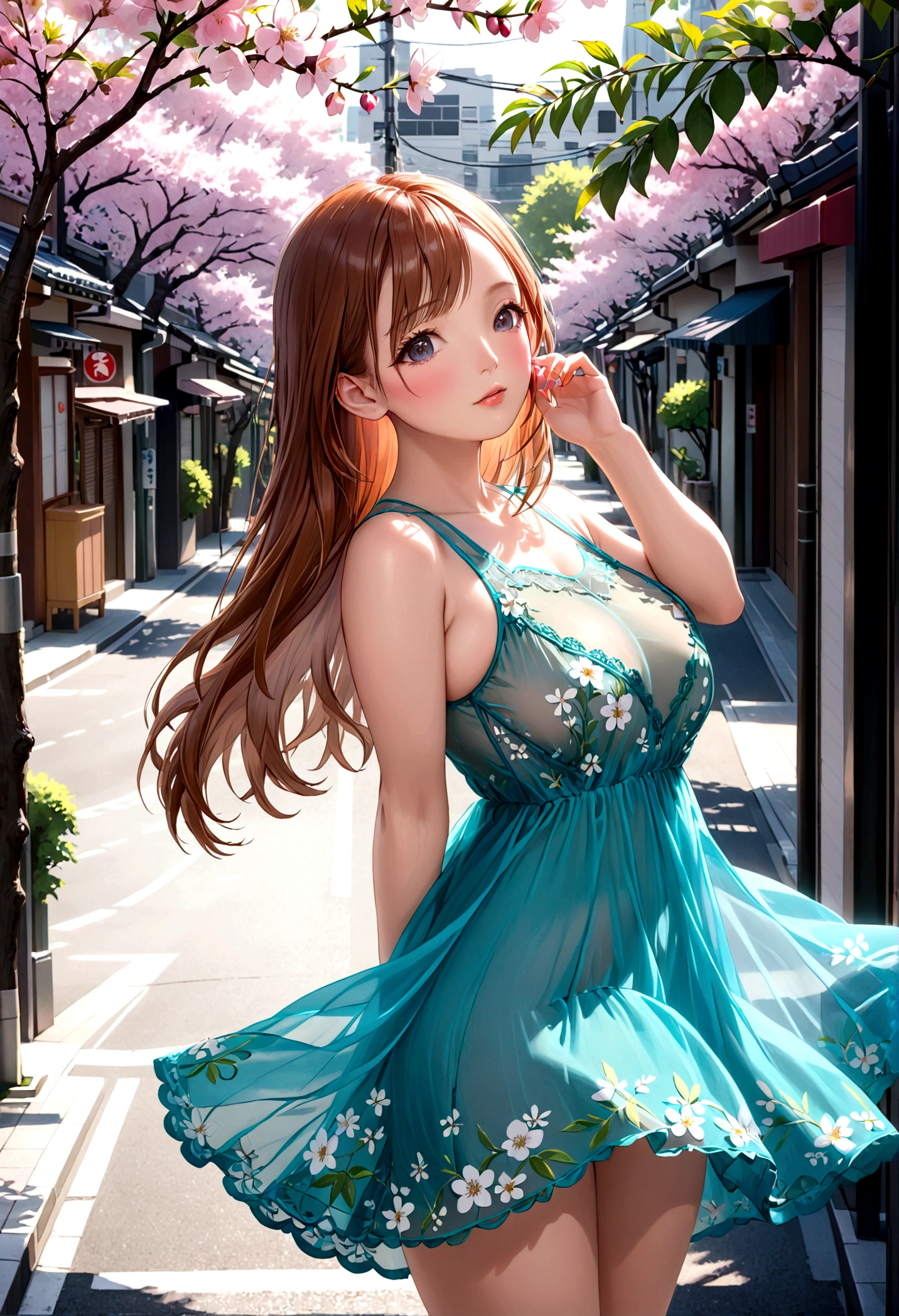 a lovely woman in a sheer brightly colored summer dress, carefree and flirting, low traffic sidewalk in Tokyo, detailed face and body, beautiful detailed eyes, beautiful detailed lips, extremely detailed eyes and face, long eyelashes, masterpiece, photorealistic, 8k, ultra-detailed, vibrant colors, natural lighting, cinematic, hyper-realistic, atmospheric, detailed environment, cherry blossom trees, warm tones, shallow depth of field, dappled sunlight. View from behind. Gentle breeze no panties
