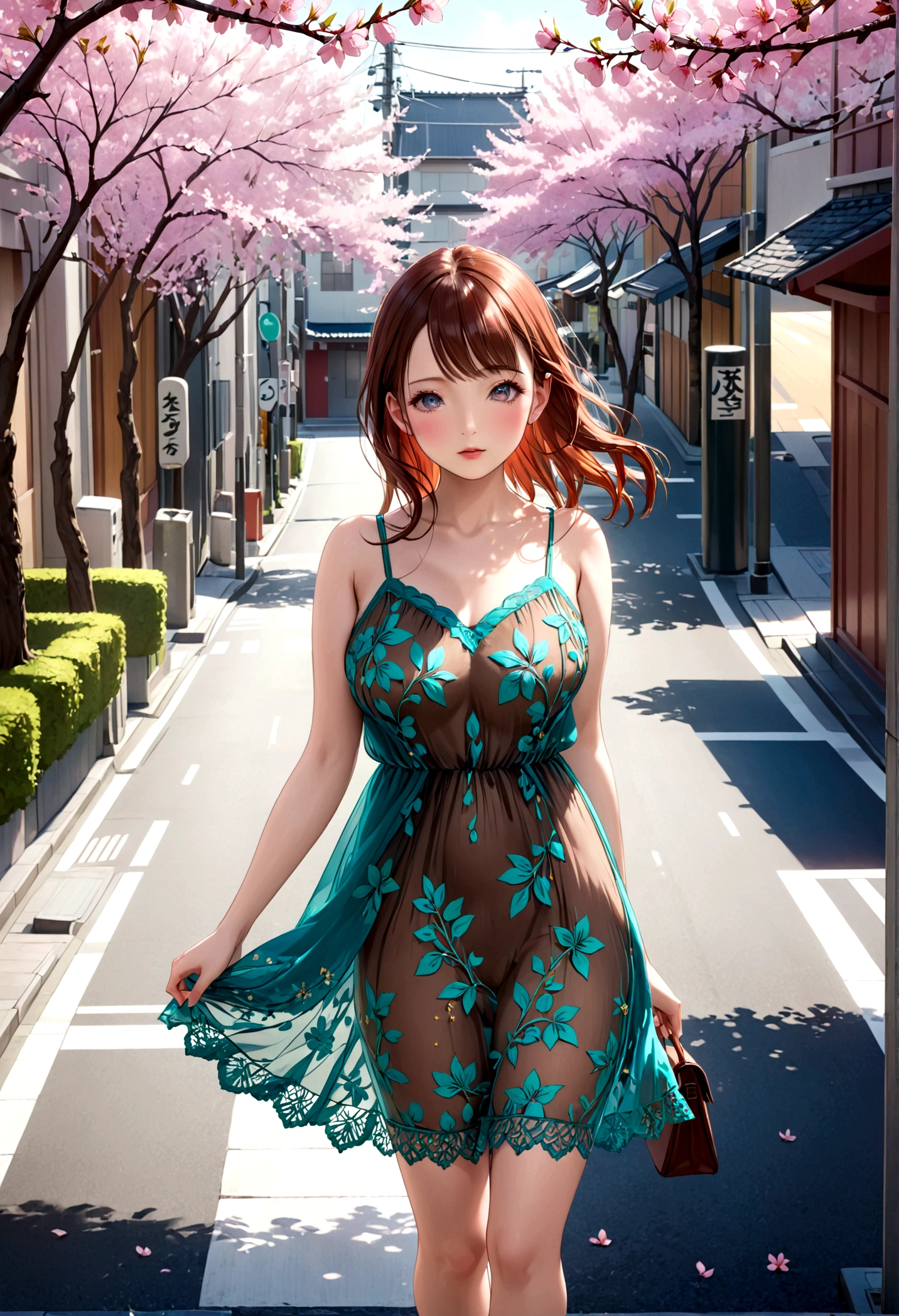 a lovely woman in a sheer brightly colored summer dress, carefree and flirting, low traffic sidewalk in Tokyo, detailed face and body, beautiful detailed eyes, beautiful detailed lips, extremely detailed eyes and face, long eyelashes, masterpiece, photorealistic, 8k, ultra-detailed, vibrant colors, natural lighting, cinematic, hyper-realistic, atmospheric, detailed environment, cherry blossom trees, warm tones, shallow depth of field, dappled sunlight. View from behind. Gentle breeze no panties