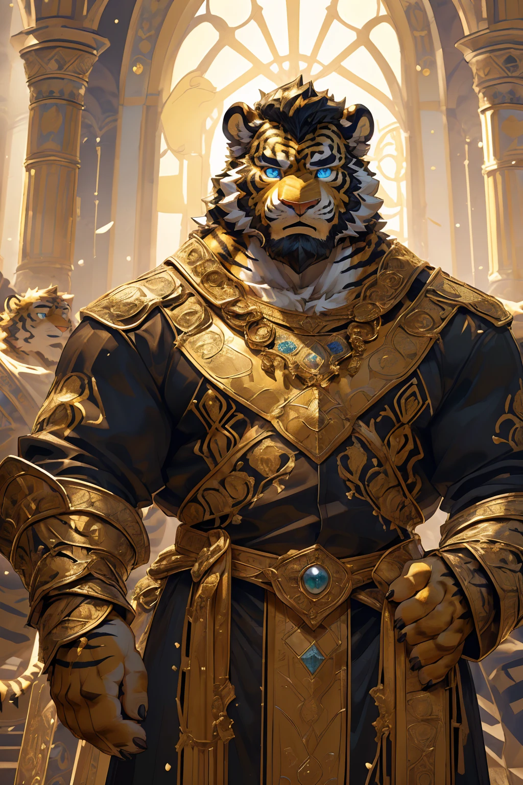 (Scarred body),(Wearing a black robe embroidered with gold patterns:1.5),king,16k high quality detailed art,(Wearing royal accessories:1),(Golden Tiger:1.1), (((White and golden fur:1.5))),(Duotone),(A pair of eyes of different colors, One eye has a golden eye，The other eye has a blue eye:1.7),Both eyes are the same size:1.4),(Muscular body:1.3),Handsome,(OK),(Perfect face),(Exhausted:1.1),(Gold and white skin:1.3),(Full body description:1.3),Publaz, (Golden Tiger:1.1), (((Gold and white fur:1.3))),Handsome, (OK),Express,(Royal Palace Background),(Frightened expressions:1.3),(Golden Tiger tail),不同的Express,(A perfect masterpiece),(32k),(Abdominal muscles:1.3),(((middle aged:1.4))),(36 years old),(Gold Stripes),alone,(Black sideburns:1.2),(black beard:1.3),(Black Chin:1.3),(golden face pattern:1),(Very rich facial details:1.3),(Strong),(Mighty pose:1.3),Front view,(CG),(HD),(Black hair),Clothes are messy,Full body portrait,(Detailed background:1.3)