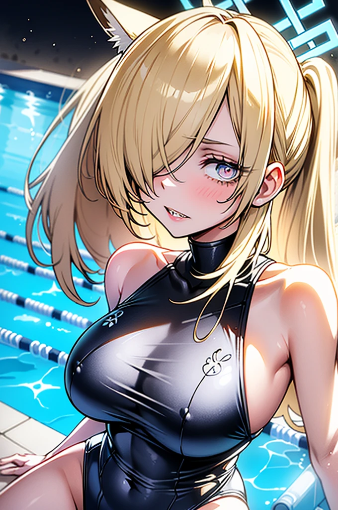ogata kanna, long hair, ponytail, large breasts, animal ears, halo, hair over one eye, animal ear fluff, blonde hair, sharp teeth, pool, pool side, white school swimsuit, detailed face, beautiful detailed eyes, beautiful detailed lips, extremely detailed eyes and face, long eyelashes, photorealistic, 8k, high quality, masterpiece, vibrant colors, cinematic lighting, dramatic lighting, fantasy, magical realism, surreal