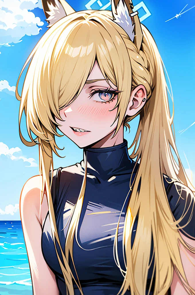 ogata kanna, long hair, ponytail, large breasts, animal ears, halo, hair over one eye, animal ear fluff, blonde hair, sharp teeth, pool, pool side, white school swimsuit, detailed face, beautiful detailed eyes, beautiful detailed lips, extremely detailed eyes and face, long eyelashes, photorealistic, 8k, high quality, masterpiece, vibrant colors, cinematic lighting, dramatic lighting, fantasy, magical realism, surreal