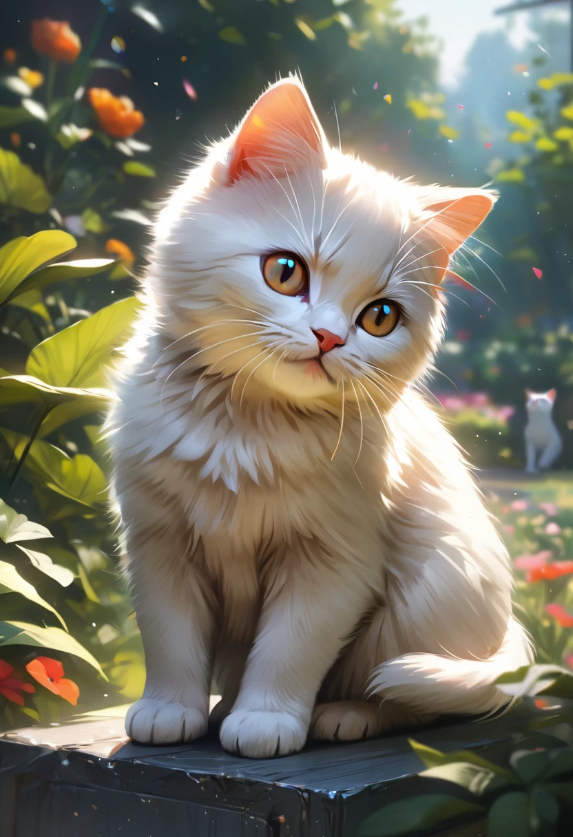 garden, Cute kitten,Blur the background,Glitter effect,Highest quality, 8K, High resolution, masterpiece:1.2, Very detailed, Realistic:1.37, High resolution, 超High resolution, Ultra-fine painting, Very detailed, Professional, Vibrant colors