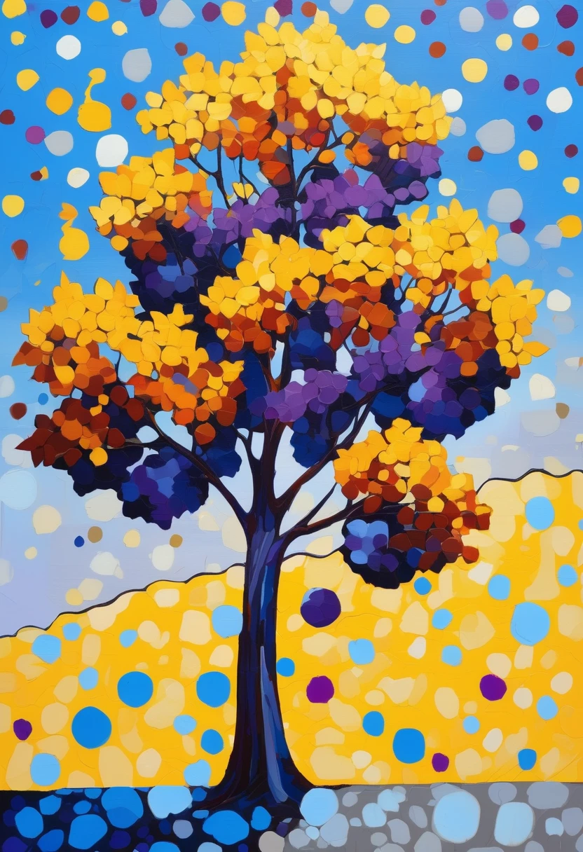 Fauvism style oil painting of a leafy tree with yellow leaves and a violet trunk, on a background of dots of cold colors such as light blue, dark blue, beige, light gray and dark gray