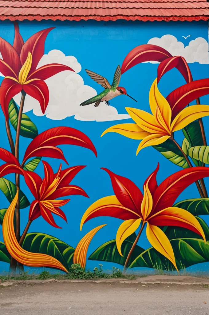Colombian coffee cultural landscape mural with a hummingbird and heliconia