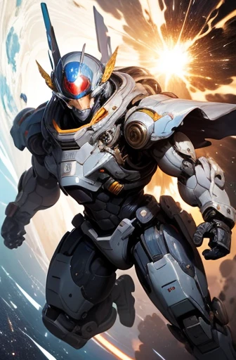 Highest quality、Fantasy、masterpiece、Giant robot whole body、The colours are white and blue、Glossy body with exquisite details、Well-proportioned limbilitary helmet-like head、Precisely drawn goggle eyes、Floating in space、Shining in the sunshine、Space War、explosion、flash