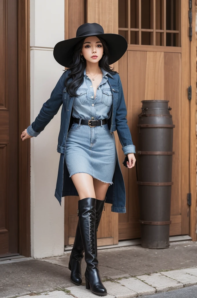 Beautiful woman in hat and boots with big black hair 
