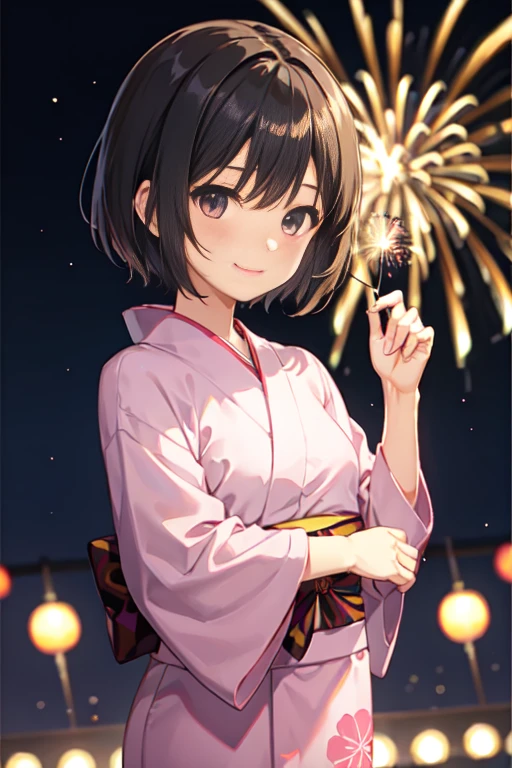 Black Hair、short hair、Girl、Pink Yukata、A shy smile、、The background is a fireworks display、A little embarrassed