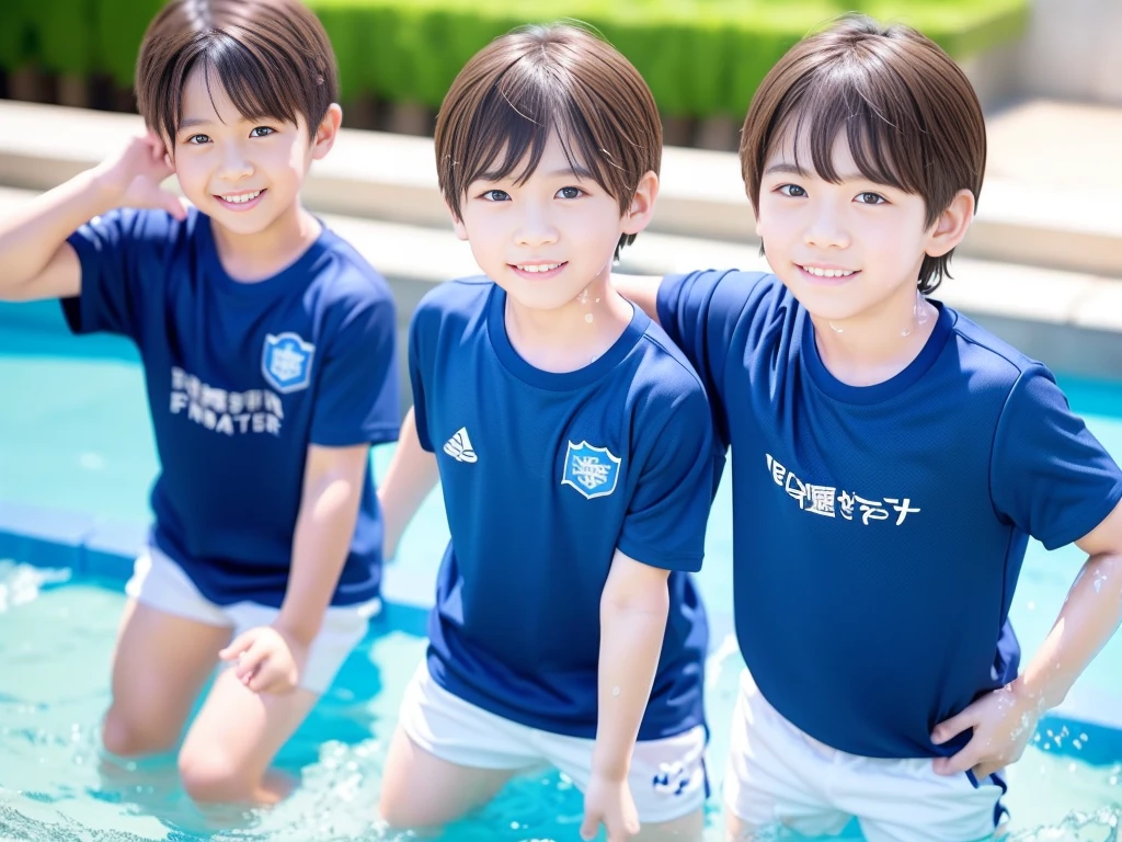 夏休みのprimary school校、Pool、primary school5Grade、Japan Boy、Glowing water splashes、A good boy dripping with water、hot day、Two Boys、Various poses、Short sleeve gym uniform、Blue shorts、physical education、barefoot,(Boy 1.4)、Boys only 、(10Age 1.4)