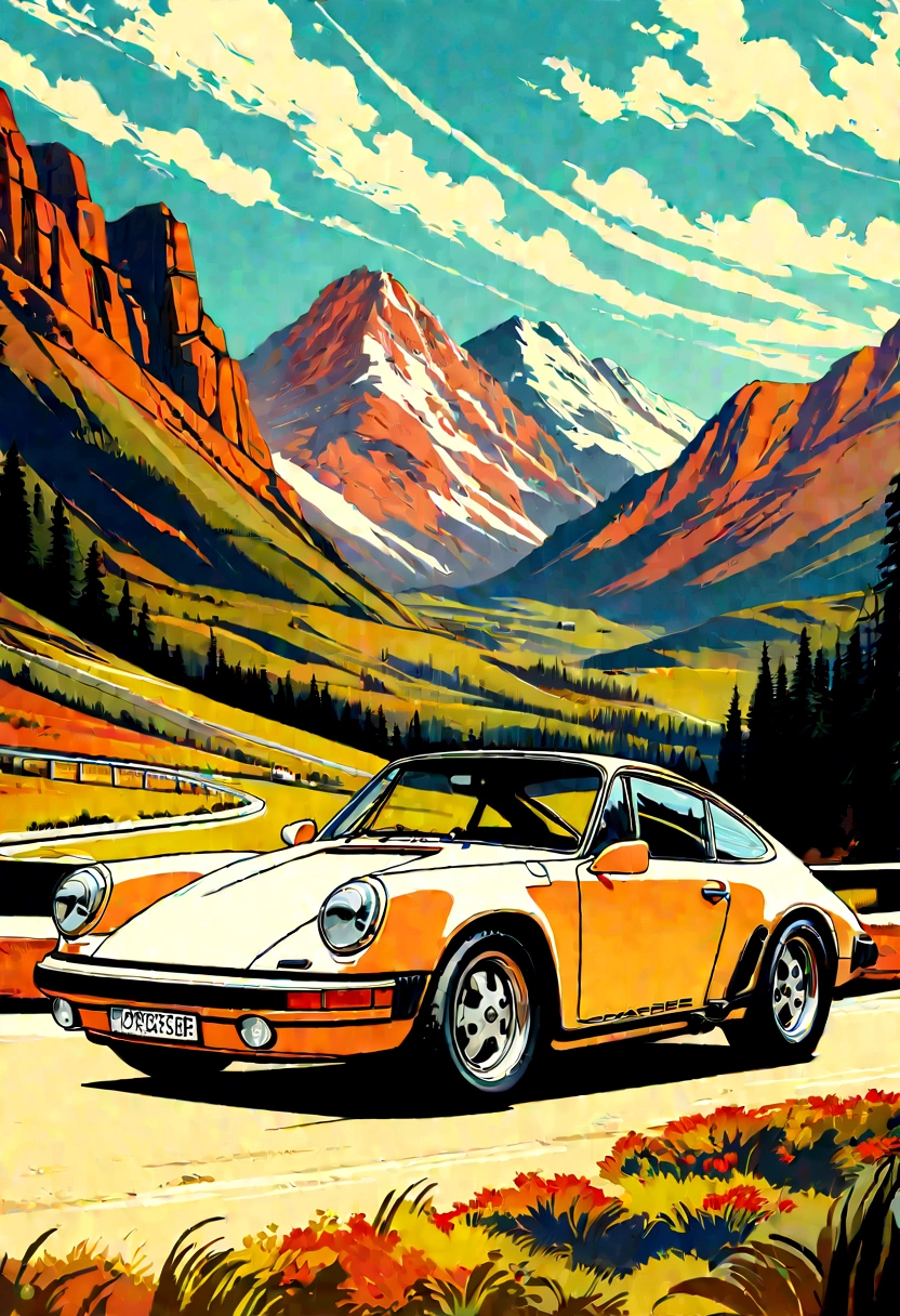 Magnifique Porsche 911 Carrera 3, blanche, 1990, vue de derrière, stylized digital illustration, very detailed digital illustration, Retro style art, detailed vector art, vintage illustration, realistic, 4k, fond de montagne enneigé