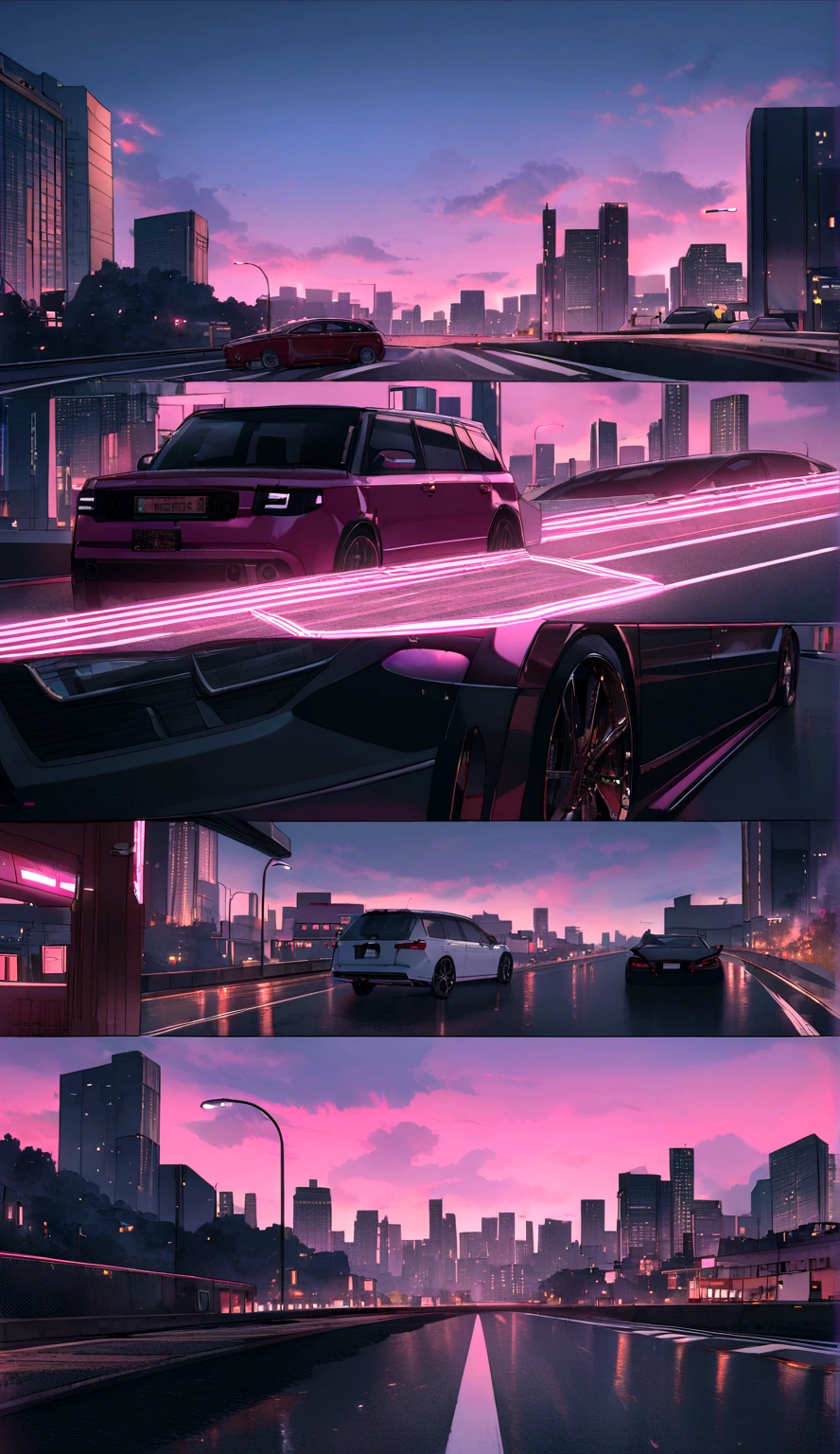 a {offwhite|blackw|rot|cerulean|Pink) car is parked on the road :: Pink sunset and city in the background :: 1980 :: Luxurious Style :: hyperdetailed : ultra realistic :: cinematic :: Neon lighting :: engine unreal :: RTX --ar 2:3, (VaZ2113),