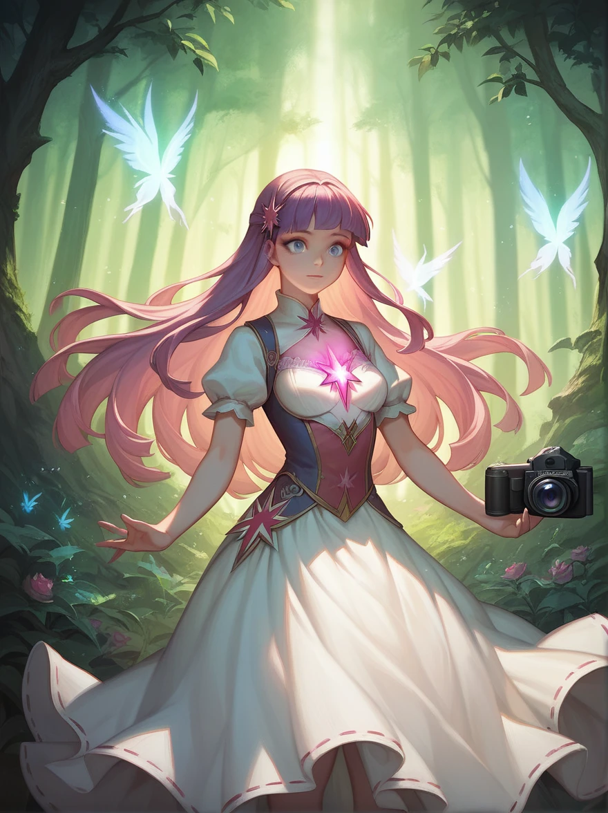 ((Best quality)), ((masterpiece)), (detailed), ((perfect face)), One Girl、Pink long hair、blue eyes、A white dress with black lace、large pink ribbon on the chest、Magical forest, Casting a spell, Twilight, Enchanted and mystical, Mid shot, Glowing lights, Magic aura, Ethereal and soft, Magical and wondrous, anime style, attractive anime, pixiv fan art