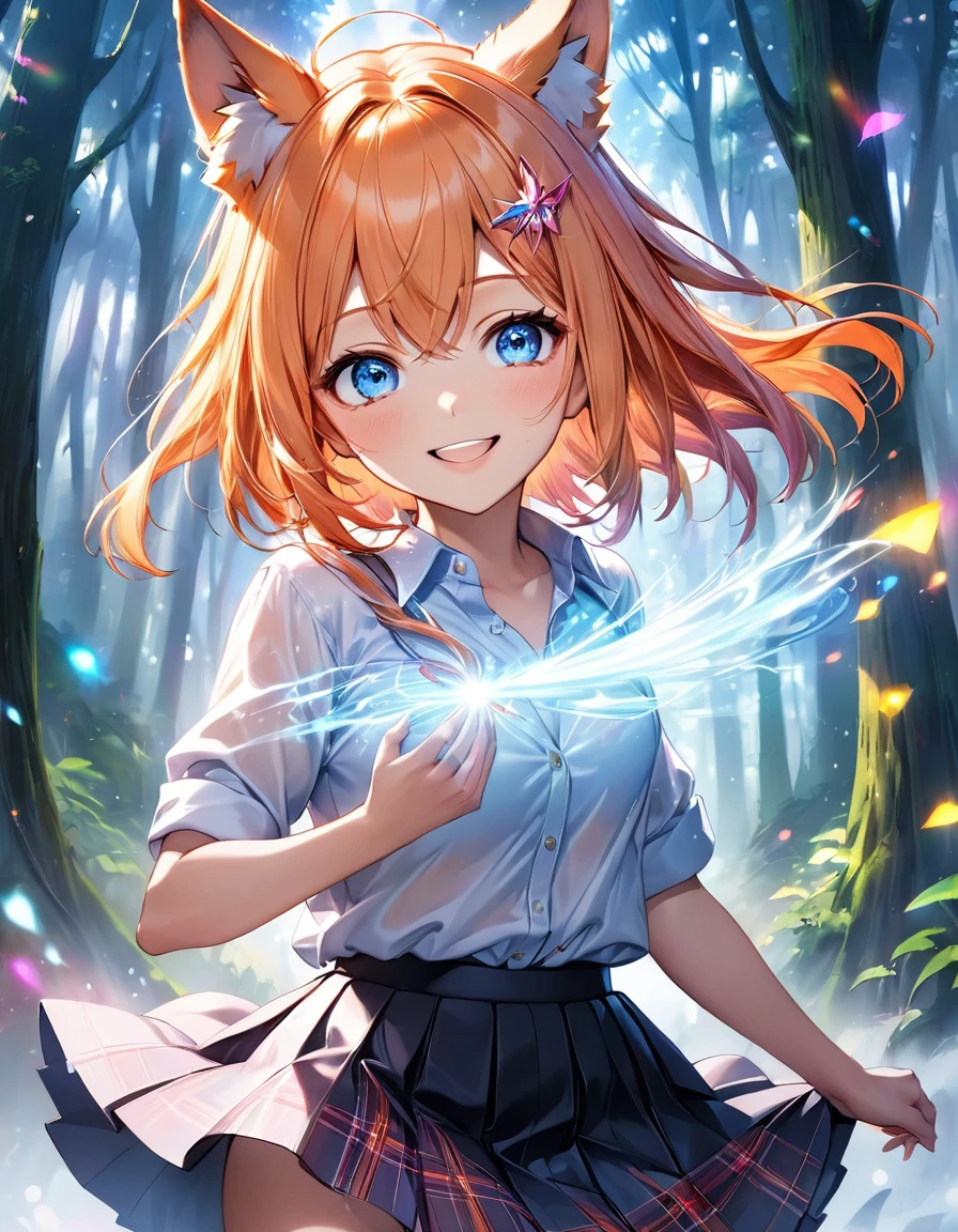 High angle view of an exuberant girl Sasuke com asas pink neon brilhantes, her espetado com gel cut orange hair adorned with shiny bangs and eyes sparkling with diamonds magic, smile revealing the joy of her soul, wearing a flannel shirt and skirt, her head crowned with playful wolf ears, standing amidst an enchantingly mystical forest, envision this scene as anime created in the style of a digital oil painting, lights gently seeping through the cinematic mist and splayed across this eth