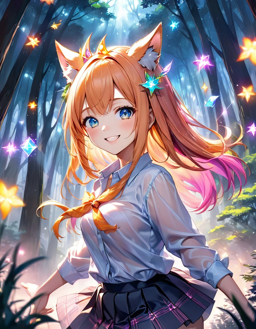 High angle view of an exuberant girl Sasuke com asas pink neon brilhantes, her espetado com gel cut orange hair adorned with shiny bangs and eyes sparkling with diamonds magic, smile revealing the joy of her soul, wearing a flannel shirt and skirt, her head crowned with playful wolf ears, standing amidst an enchantingly mystical forest, envision this scene as anime created in the style of a digital oil painting, lights gently seeping through the cinematic mist and splayed across this eth