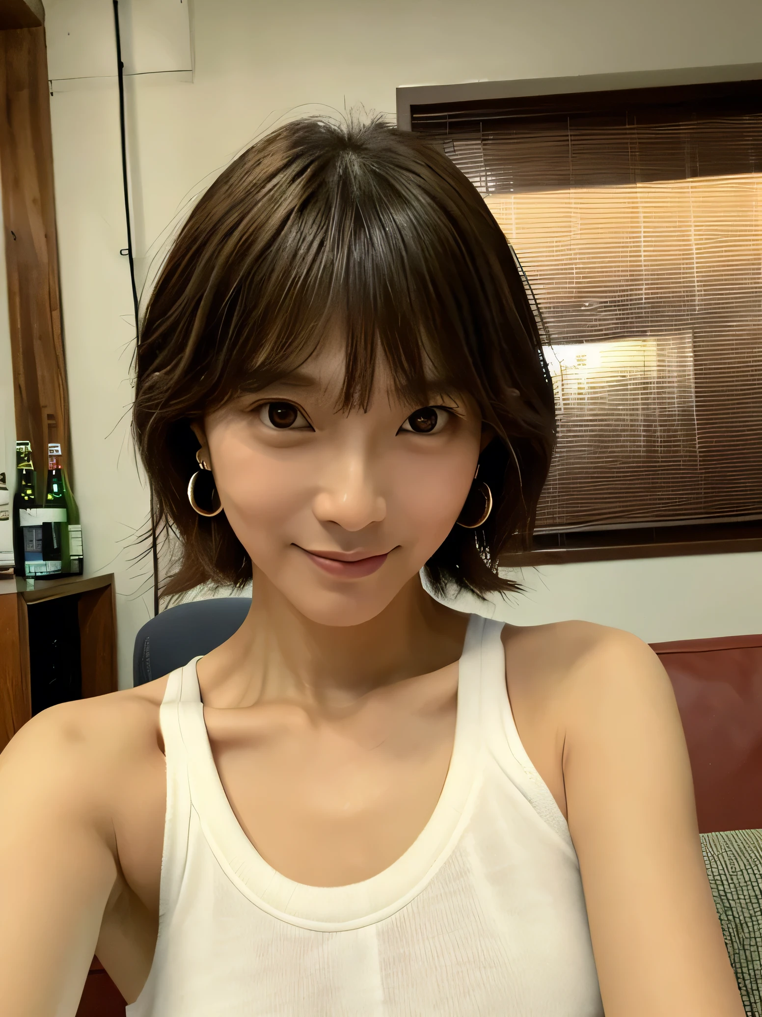 Look into the eyes, Eye contact, Front of face, face, Cross-legged, indoor, Brown Hair, bangs, Tank top, Sweat, clavicle, shoulder, Cross-legged, chest, Earrings, Skin Moisture, The gaze looking down on me, Look at me, Private room, Beer , smile