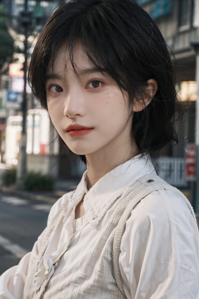 (Skin details:1.4), (smooth skin textures:1.3), Lipstick, background,海滩background, Direct vision, earrings, serene, calm, (Realistic and detailed eyes:1.2), Natural skin texture, Realistic facial details, Soft dramatic lighting, Vivid details, 35 mm film, outdoor, (Photo Practical:1.4), (hyper Practical:1.4), (Practical:1.3), (Smoother lighting:1.05), (Improve lighting quality:0.9), (Highest quality real skin textures:1.4), Exquisite eyes, Delicate face, Close-up of face, (Enhance the beauty of skin texture:1.1), Hair details, Vest,normal body ratio, short hair, Moles under the eyes, thinking, A faint smile,公园background,Portrait Photography, Depth of Field, Bokeh, Surrealism, Ray Tracing, (Portrait Photography:1.1), Surrealism, High Detail, Chiaroscuro, Ray Tracing, reflected light, Ultra HD, Ultra HD, masterpiece, Textured Skin, Super Detail, High Detail, high quality, best quality