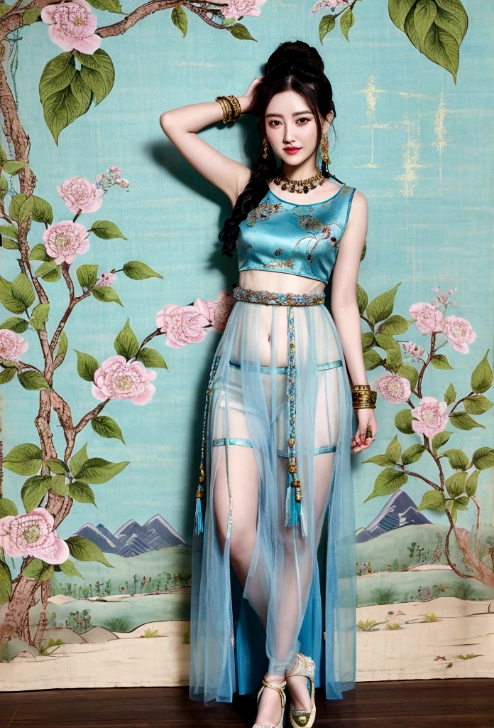 Chinese Beauty ,full-body shot, front,from head to foot。Gorgeous clothing with exquisite embroidery, Flowing tulle, Long transparent colored ribbon tied around the arm, Inspired by the Dunhuang Flying Apsaras murals, Show your belly button, Bare shoulders, bare neck, Black curly hair,High bun,Hairpin with flowers, Ribbon on armband, wreath, bracelet, Anklets, Metal chain tassels at waist, Mogao Grottoes Art, Ink Painting, cgstation pop music,Chinese dance