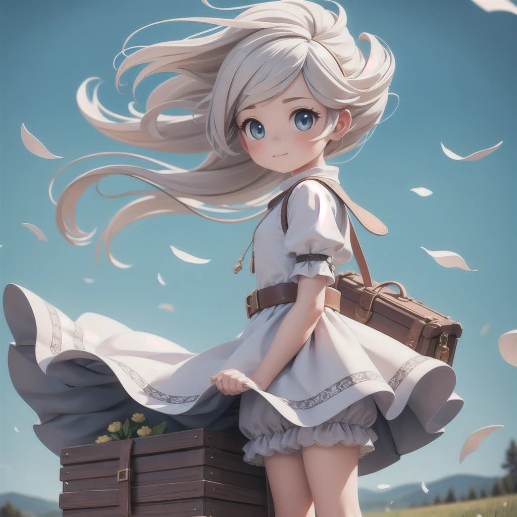 girl 、Medieval dress with panniers、Fabric Realism、Low Angle、wear bloomers、You can see the drawer、Pull up the hem of your dress with your hands、Strong winds、blue sky