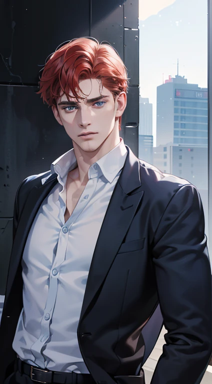 (best quality, masterpiece, 8K, photorealistic, cinematic lighting, 1:4 hdr image, ultra detailed, beautiful image), a mature man, 34 years very handsome, ((cold expression)), short red hair, blue eyes, face perfect without mistakes, ((buttoning his jacket, CEO))