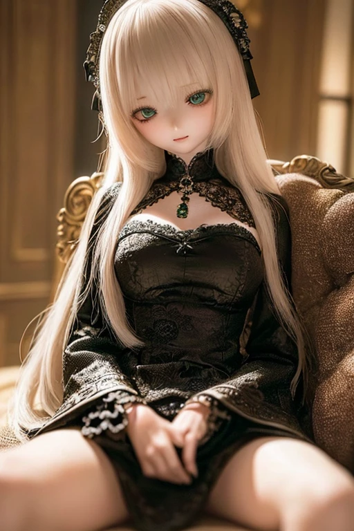 photorealistic, realistic photo, ((highest quality)), ((masterpiece)), (extremely detailed), kukolnydom, doll, (mature woman:1.6), solo, sitting on sofa, green eyes, (looking down, blank eyes, empty eyes, detailed eyes:1.3), light smile, dress, museum, 8k