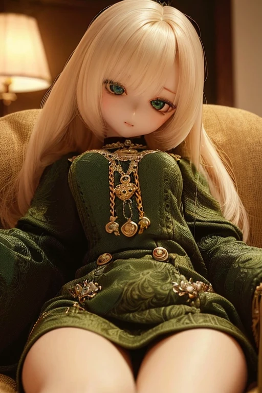 photorealistic, realistic photo, ((highest quality)), ((masterpiece)), (extremely detailed), kukolnydom, doll, (mature woman:1.6), solo, sitting on sofa, green eyes, (looking down, blank eyes, empty eyes, detailed eyes:1.3), light smile, dress, museum, 8k