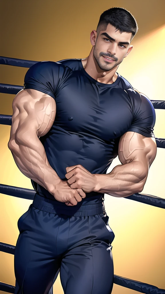 (handsome Man),(Thin mustache:1.1),(crew cut short hair:1.5),black eye,
(navy blue tight-fitting round neck short sleeve T-shirt:1.3),(Police badge:1.3),navy blue cargo pants,(navy_gloves:1,3),(navy_backpack:1.3),(sunglasses:1.3),
Korean guy,chest muscles,large arm muscles,blood vessel,Big muscles,Broad shoulders,(open mouth:1.2),(face up:1.2),(open eyes:1.5),middle of the road,smile,(boxing ring:1.4),