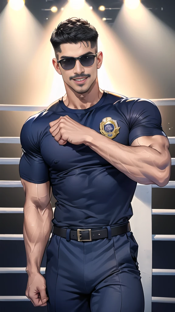 (handsome Man),(Thin mustache:1.1),(crew cut short hair:1.5),black eye,
(navy blue tight-fitting round neck short sleeve T-shirt:1.3),(Police badge:1.3),navy blue cargo pants,(navy_gloves:1,3),(navy_backpack:1.3),(sunglasses:1.3),
Korean guy,chest muscles,large arm muscles,blood vessel,Big muscles,Broad shoulders,(open mouth:1.2),(face up:1.2),(open eyes:1.5),middle of the road,smile,(boxing ring:1.4),