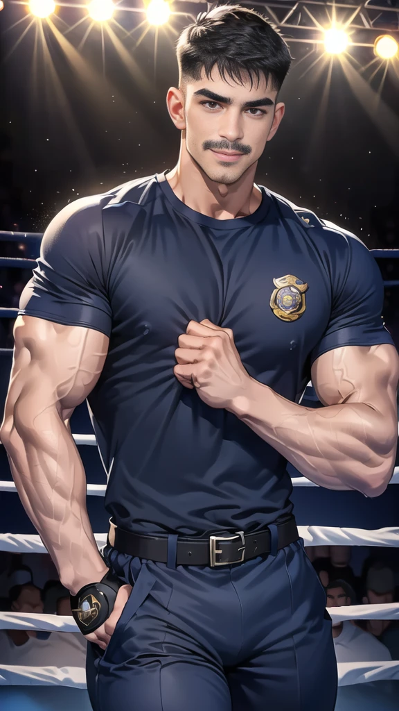 (handsome Man),(Thin mustache:1.1),(crew cut short hair:1.5),black eye,
(navy blue tight-fitting round neck short sleeve T-shirt:1.3),(Police badge:1.3),navy blue cargo pants,(navy_gloves:1,3),(navy_backpack:1.3),(sunglasses:1.3),
Korean guy,chest muscles,large arm muscles,blood vessel,Big muscles,Broad shoulders,(open mouth:1.2),(face up:1.2),(open eyes:1.5),middle of the road,smile,(boxing ring:1.4),