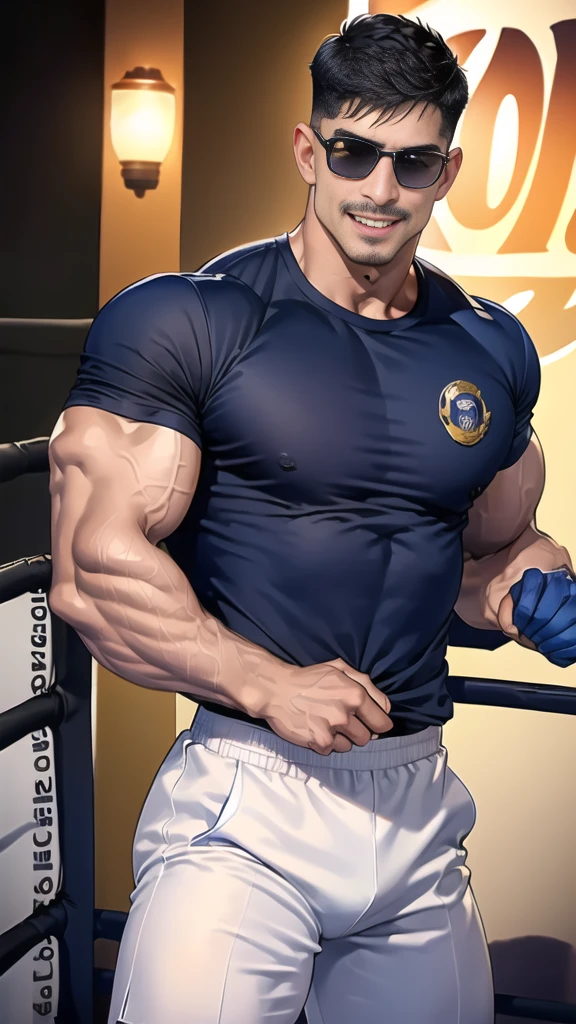 (handsome Man),(Thin mustache:1.1),(crew cut short hair:1.5),black eye,
(navy blue tight-fitting round neck short sleeve T-shirt:1.3),(Police badge:1.3),navy blue cargo pants,(navy_gloves:1,3),(navy_backpack:1.3),(sunglasses:1.3),
Korean guy,chest muscles,large arm muscles,blood vessel,Big muscles,Broad shoulders,(open mouth:1.2),(face up:1.2),(open eyes:1.5),middle of the road,smile,(boxing ring:1.4),