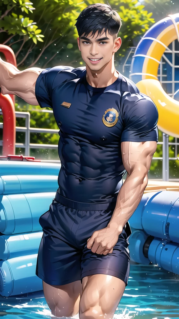 (handsome Man),(Thin mustache:1.1),(crew cut short hair:1.5),black eye,
(navy blue tight-fitting round neck short sleeve T-shirt:1.3),(Police badge:1.3),navy blue cargo pants,(navy_gloves:1,3),
Korean guy,chest muscles,large arm muscles,blood vessel,Big muscles,Broad shoulders,(open mouth:1.2),(face up:1.2),(open eyes:1.5),middle of the road,smile,(water park:1.4),