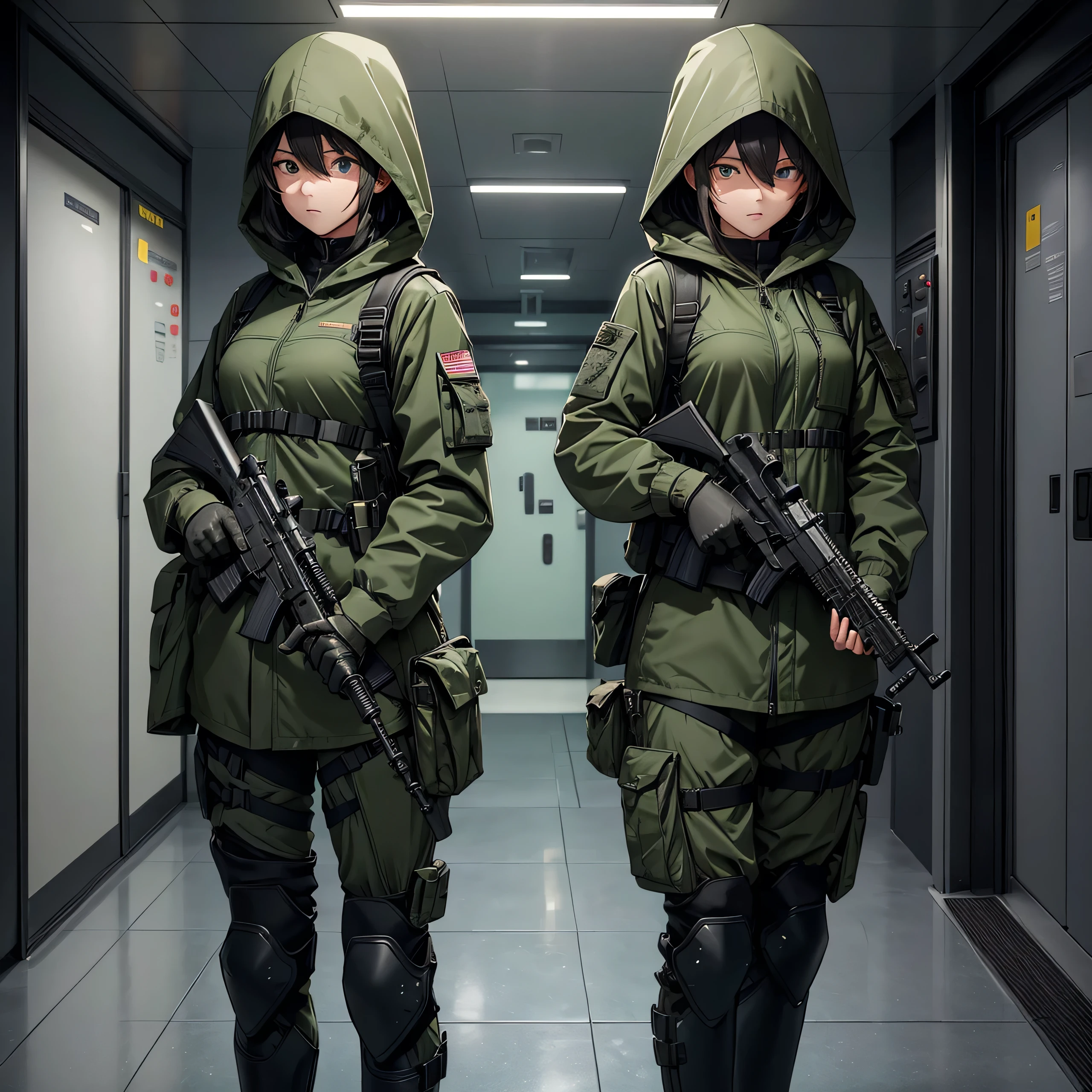 Two female soldiers dressed in the same way are guarding the elevator,Dark green M-51 hooded combat uniform,Hooded on head,With a submachine gun in his hand、Tactical harness、Magazine Pouch、Knee pads、Tactical Holster,Most visible above the thigh、Best quality、Very detailed、8K