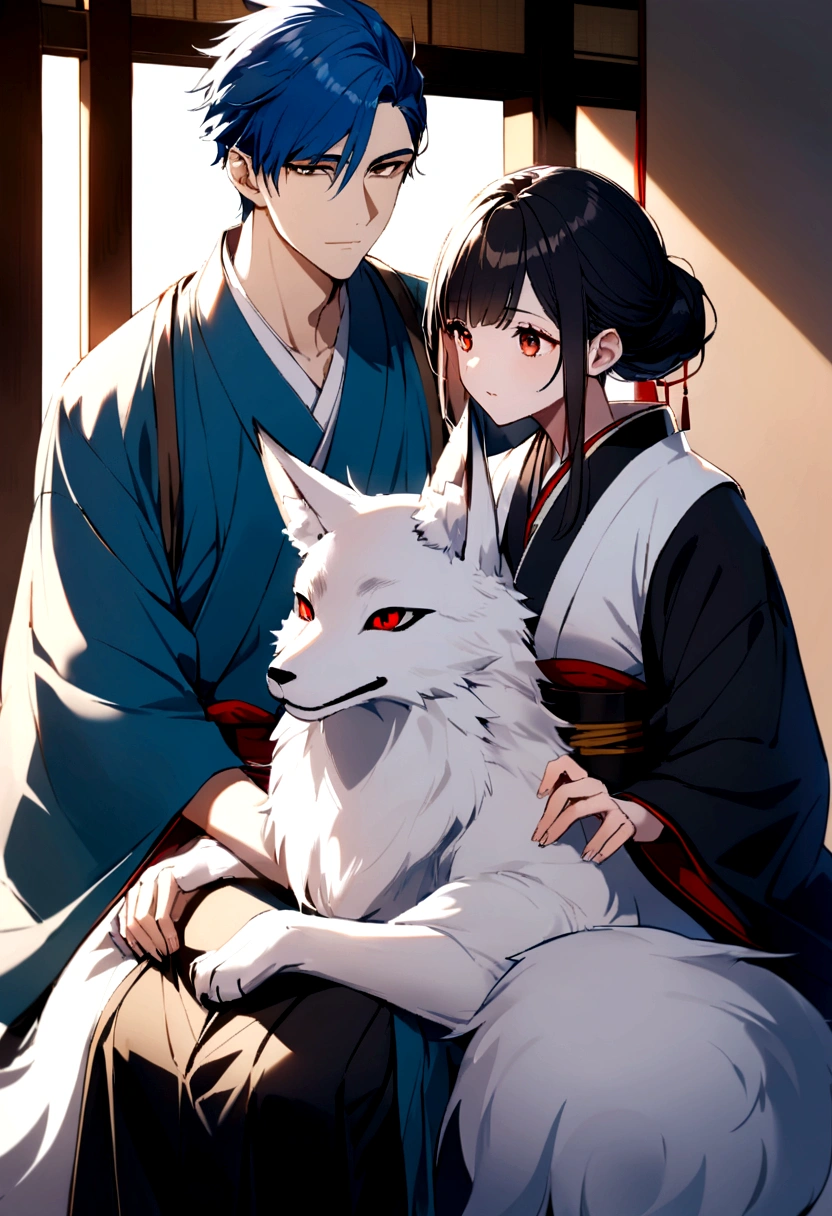 a handsome man who looks like a white fox who has red eyes, blue hair and wearing Japanese clothes, sitting together with a beautiful brown-eyed girl with long black hair, who looks like a