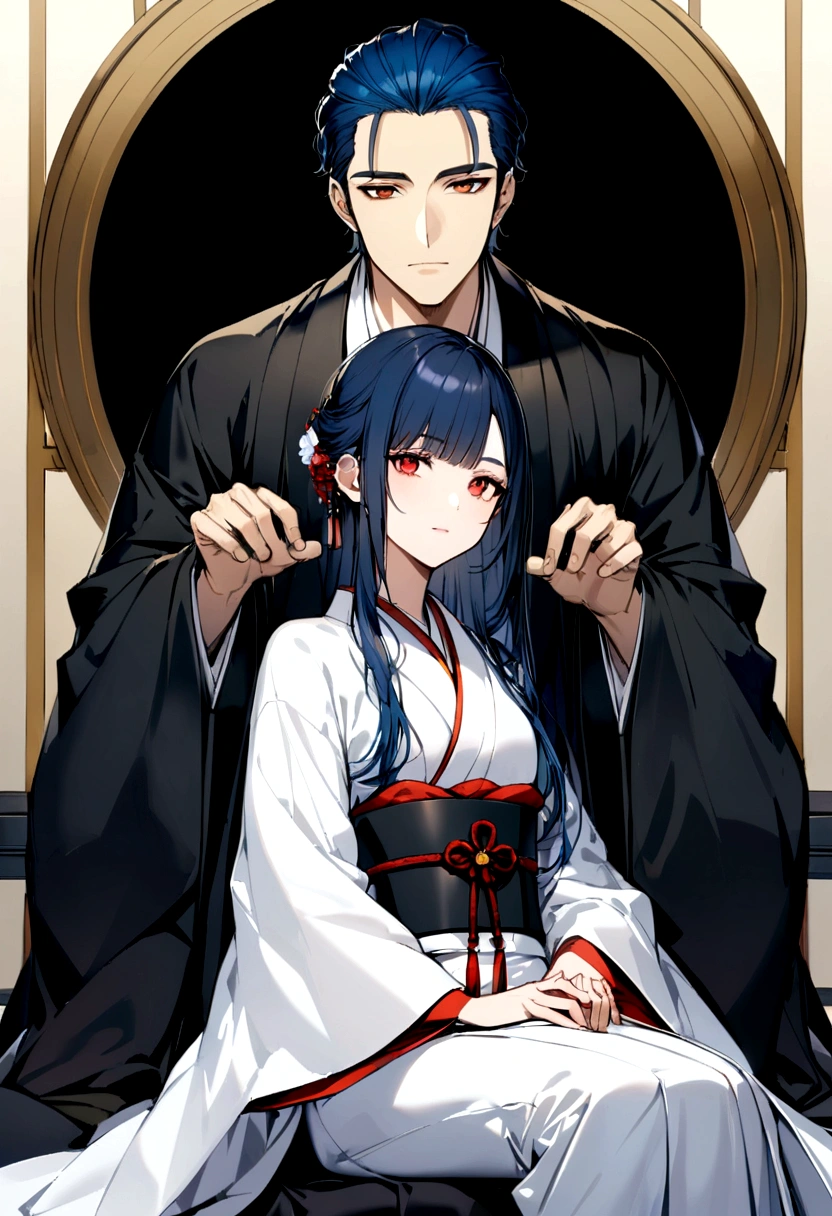 a handsome man who looks like a white fox who has red eyes, blue hair and wearing Japanese clothes, sitting together with a beautiful brown-eyed girl with long black hair, who looks like a