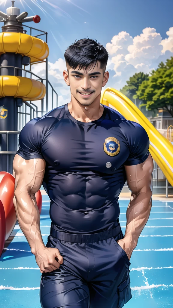 (handsome Man),(Thin mustache:1.1),(crew cut short hair:1.5),black eye,
(navy blue tight-fitting round neck short sleeve T-shirt:1.3),(Police badge:1.3),navy blue cargo pants,(navy_gloves:1,3),
Korean guy,chest muscles,large arm muscles,blood vessel,Big muscles,Broad shoulders,(open mouth:1.2),(face up:1.2),(open eyes:1.5),middle of the road,smile,(water park:1.4),