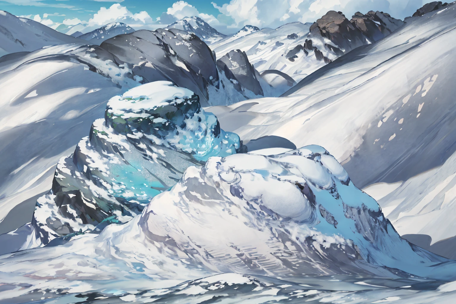 summer, rocky area, rock formation, (illustration : 1.0), Narrative composition, realistic lighting, HD detail, masterpiece, best quality best, (Highly detailed CG integrated 8k wallpaper), wide and flat rocky area, A small, sharp, rough rock at the top of the screen.