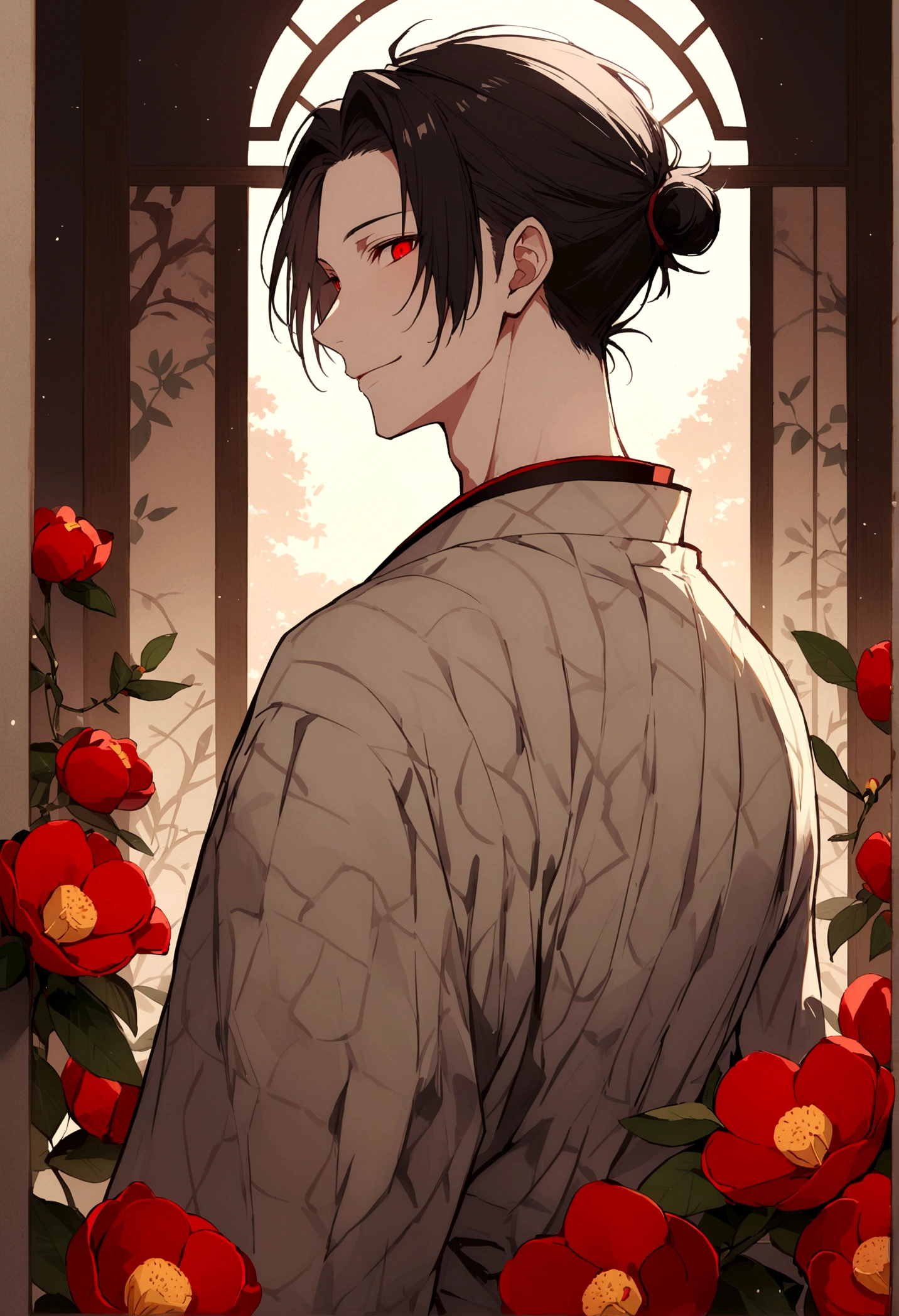 ((Red eyes))、引きつけるRed Eyes、smile、Crimson Eyes、Beautiful man、1 person、neutral、Black Hair、(Red Eyes)、Kimono with camellia pattern、smile、The nape is a little long、Serene atmosphere、beautiful、Are standing、ephemeral、front、 High resolution, Super detailed、Male、Rakugo artist