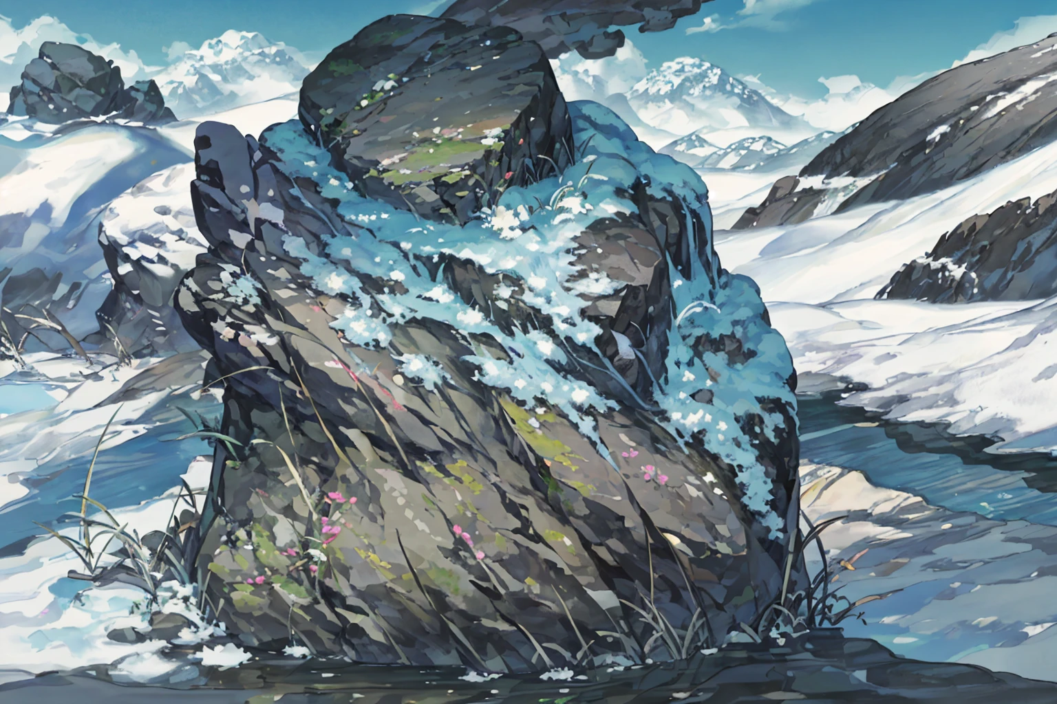 summer, rocky area, rock formation, (illustration : 1.0), Narrative composition, realistic lighting, HD detail, masterpiece, best quality best, (Highly detailed CG integrated 8k wallpaper), wide and flat rocky area, A small, sharp, rough rock at the top of the screen.