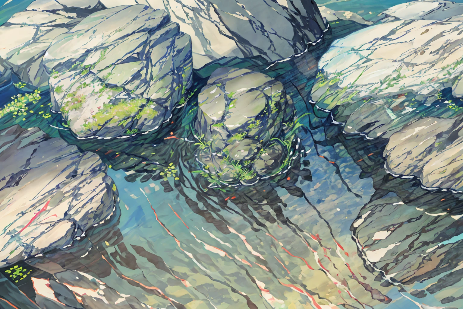 summer, rocky area, rock formation, (illustration : 1.0), Narrative composition, realistic lighting, HD detail, masterpiece, best quality best, (Highly detailed CG integrated 8k wallpaper), wide and flat rocky area, A small, sharp, rough rock at the top of the screen.