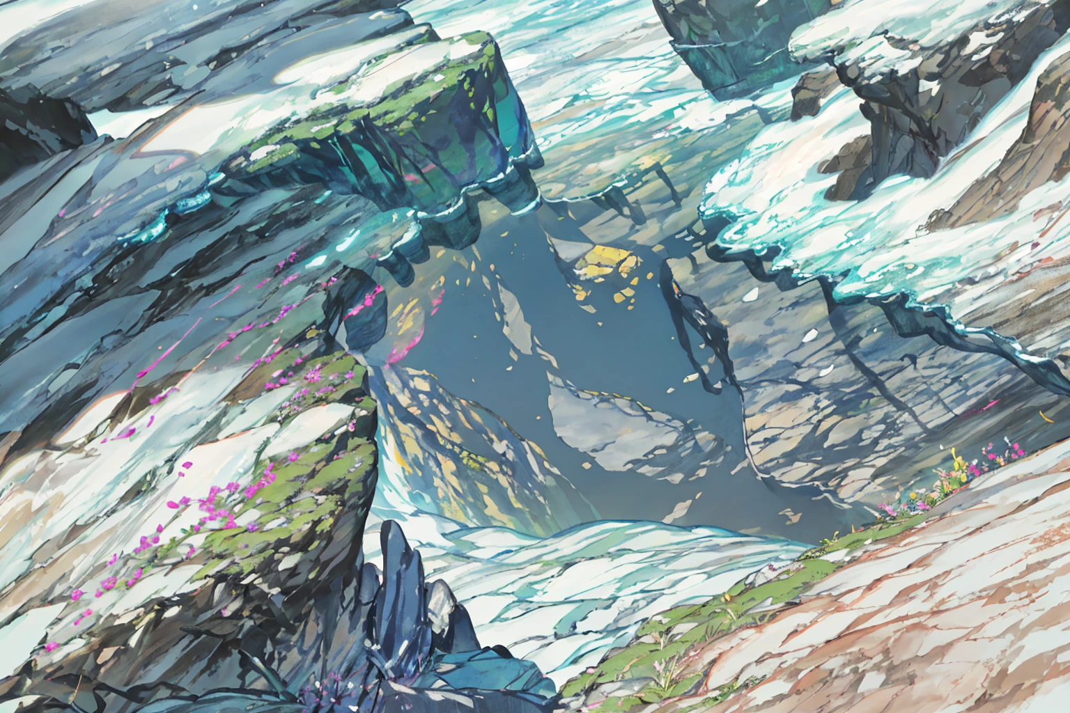 summer, rocky area, rock formation, (illustration : 1.0), Narrative composition, realistic lighting, HD detail, masterpiece, best quality best, (Highly detailed CG integrated 8k wallpaper), wide and flat rocky area, A small, sharp, rough rock at the top of the screen.
