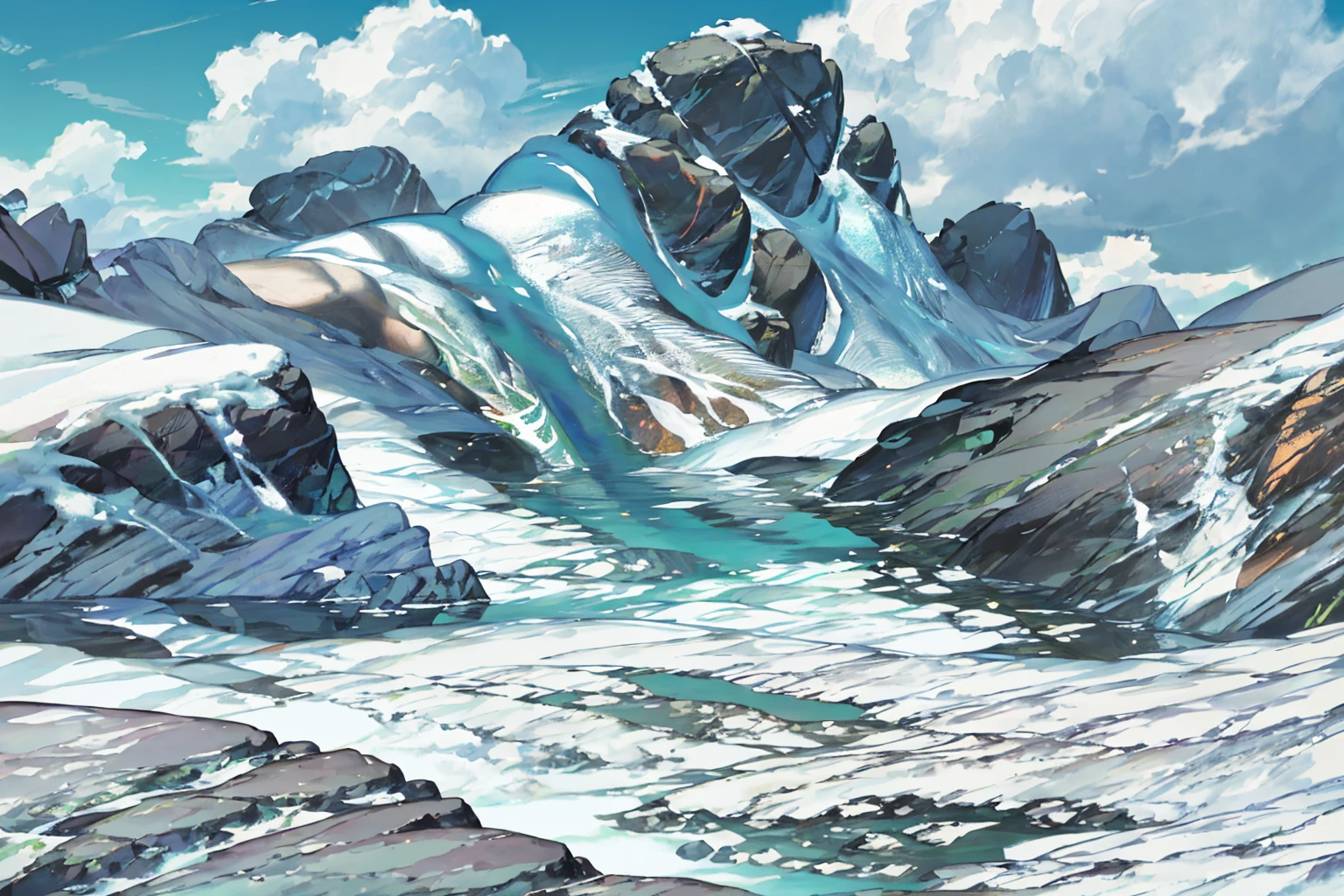 summer, rocky area, rock formation, (illustration : 1.0), Narrative composition, realistic lighting, HD detail, masterpiece, best quality best, (Highly detailed CG integrated 8k wallpaper), wide and flat rocky area, A small, sharp, rough rock at the top of the screen.