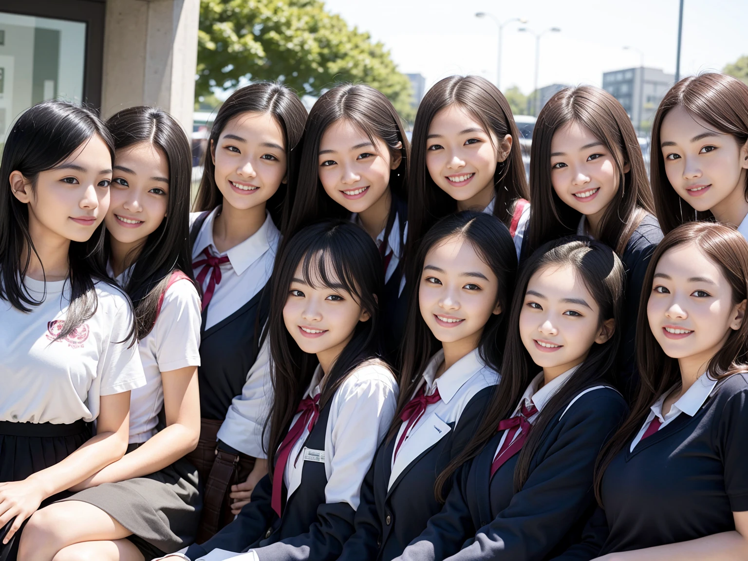 Group of five female students standing in a row、smile、Women&#39;s dormitory、Jersey、slender、Are thin、Blonde、Brown Hair、Black Hair、Huge boobs、Cleavage、Daytime、String Panties Thighs Thighs、Spread your legs wide、Short sleeve white shirt、Sexy、adultery、Amorous、Nipples
