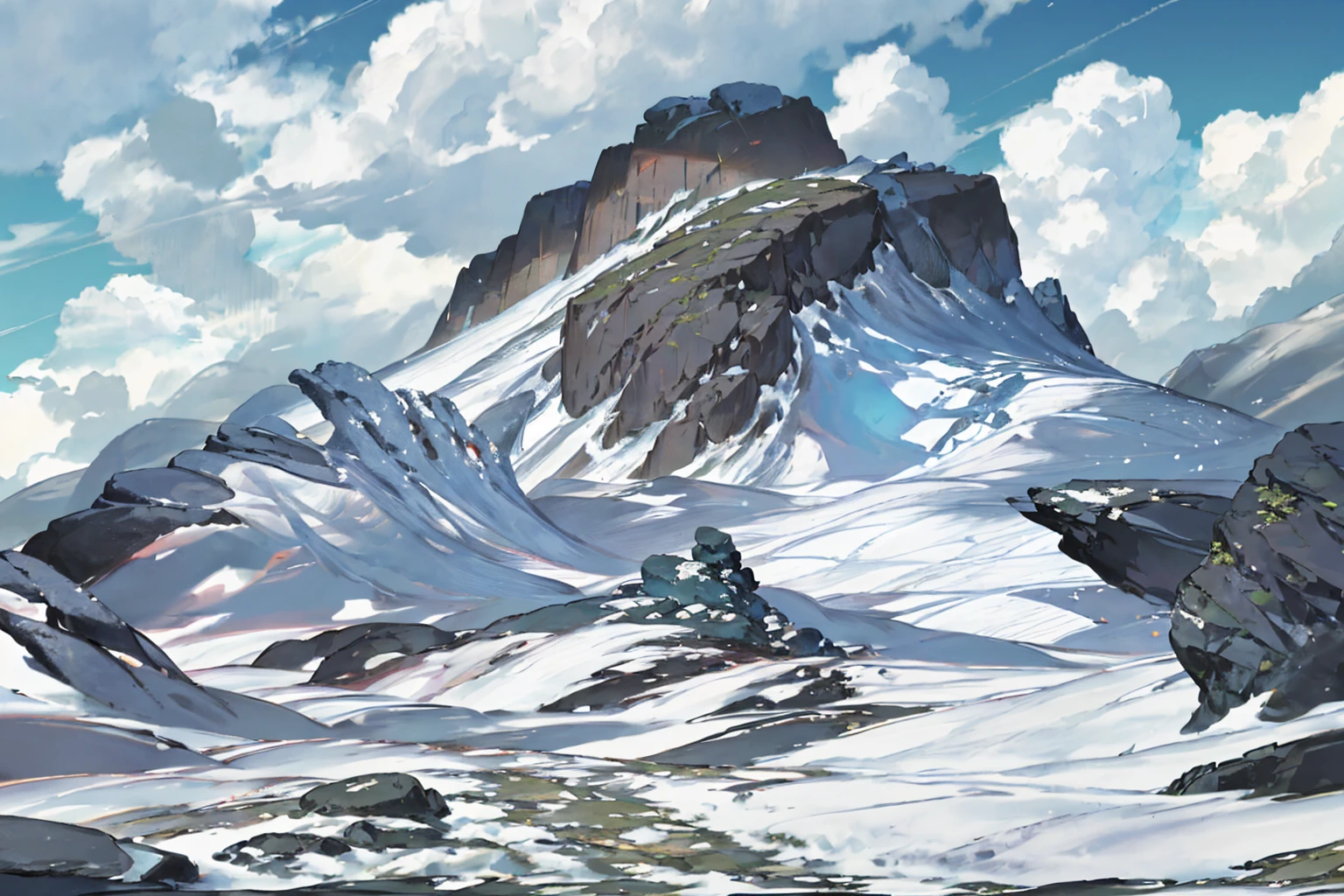 summer, rocky area, rock formation, (illustration : 1.0), Narrative composition, realistic lighting, HD detail, masterpiece, best quality best, (Highly detailed CG integrated 8k wallpaper), wide and flat rocky area, A small, sharp, rough rock at the top of the screen.