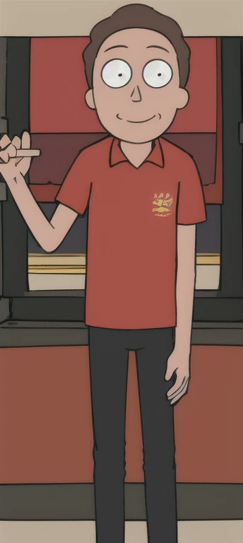 ung boy,standing alone, points for eyes, brown hair red shirt, black pants, work of art, best qualityer, flat colour, trunk, Grinning, loking at viewer
