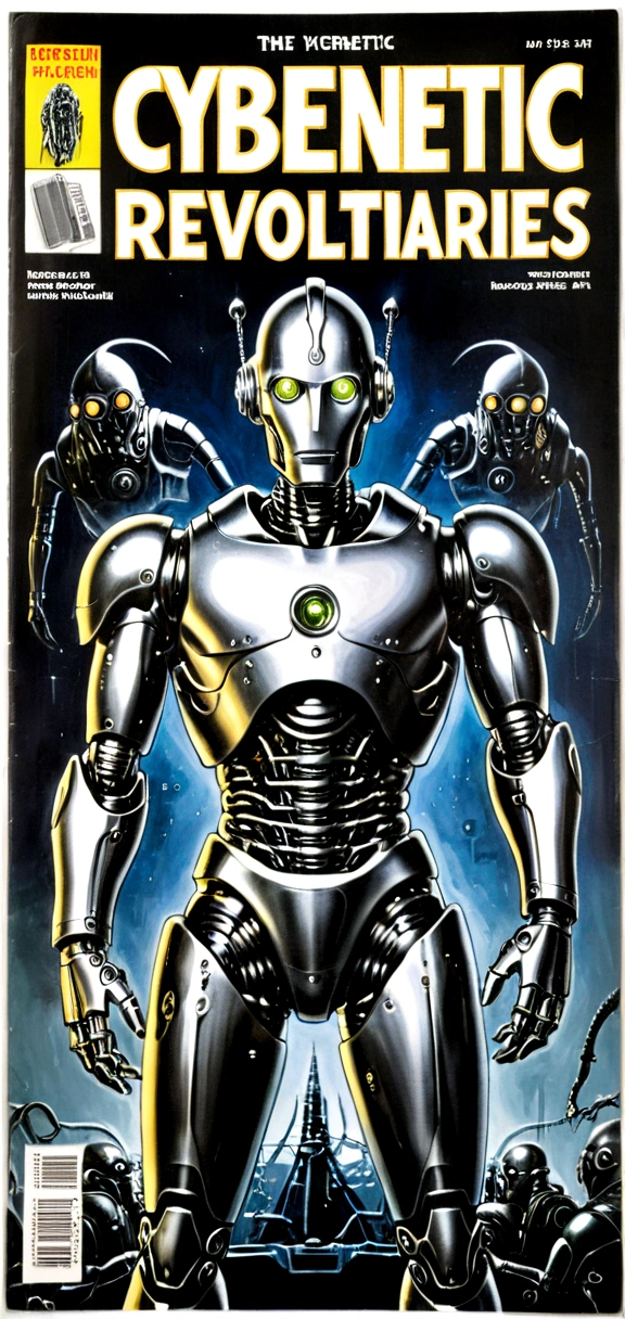 Cybernetic Revolutionaries, european male, magazine cover, poster art , Lovecraftian horror robot, bold huge text, matted design layout, strong, bold inking techniques, Metallic Silver and Gunmetal Gray: These colors are often used to represent the metallic components of cyborgs, giving them a sleek and futuristic appearance.