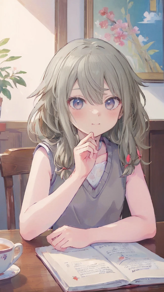 (masterpiece, Highest quality:1.6),Best image quality、Highest quality、Perfect lighting,masterpiece、Best image quality、Highest quality、smile、Show your hand, Put your elbows on the table, Slap in the face、Chest close-up, Sleeveless, Knitted sweater