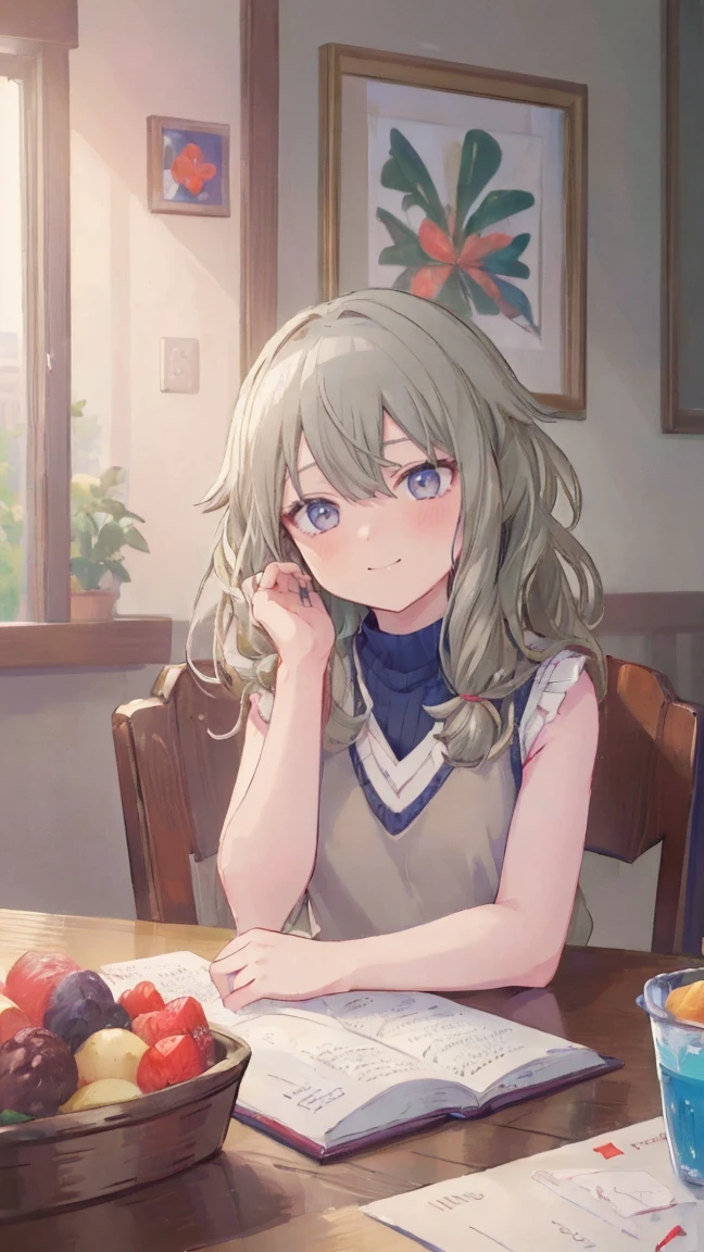 (masterpiece, Highest quality:1.6),Best image quality、Highest quality、Perfect lighting,masterpiece、Best image quality、Highest quality、smile、Show your hand, Put your elbows on the table, Slap in the face、Chest close-up, Sleeveless, Knitted sweater