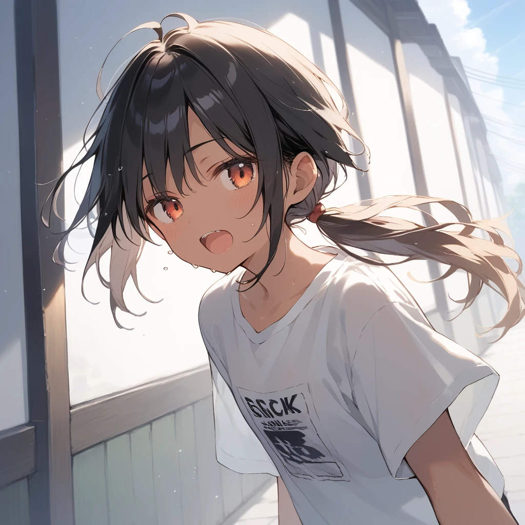 score_9, score_8_up, score_7_up, source_anime, best quality, masterpiece, official art, absurdres, highres, ultra-detailed,waifu2x,Collection: Slice of Life,break,1girl, tomboy, dark-skinned female, short hair, low ponytail, flat chest, beautiful detailed eyes, short shorts, sweat, open mouth, (yawn:0.3), sleepily, outdoors, wind, break,(clear line illustration:1.2),very high resolution, very aesthetic, super detailed skin, Best sexual lighting powered by famous artist, 8k,cute picture,beauty illustration,photoshop_(medium),,(Detailed Lighting),best anime 8k konachan wallpaper, pixiv contest winner, 