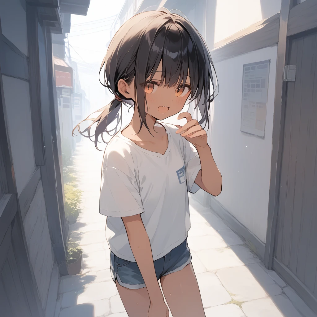 score_9, score_8_up, score_7_up, source_anime, best quality, masterpiece, official art, absurdres, highres, ultra-detailed,waifu2x,Collection: Slice of Life,break,1girl, tomboy, dark-skinned female, short hair, low ponytail, flat chest, beautiful detailed eyes, short shorts, sweat, open mouth, (yawn:0.3), sleepily, outdoors, wind, break,(clear line illustration:1.2),very high resolution, very aesthetic, super detailed skin, Best sexual lighting powered by famous artist, 8k,cute picture,beauty illustration,photoshop_(medium),,(Detailed Lighting),best anime 8k konachan wallpaper, pixiv contest winner,