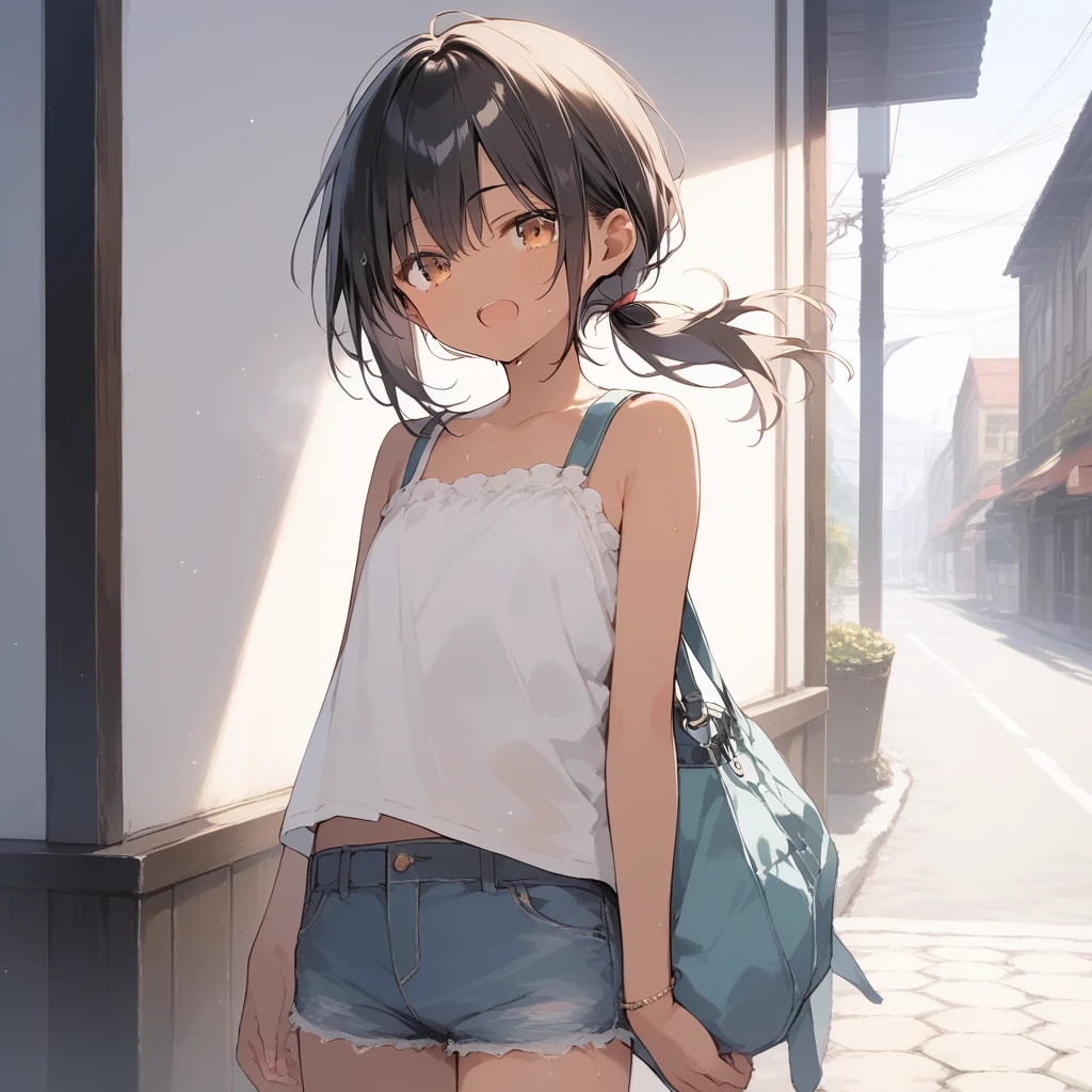 score_9, score_8_up, score_7_up, source_anime, best quality, masterpiece, official art, absurdres, highres, ultra-detailed,waifu2x,Collection: Slice of Life,break,1girl, tomboy, dark-skinned female, short hair, low ponytail, flat chest, beautiful detailed eyes, short shorts, sweat, open mouth, (yawn:0.3), sleepily, outdoors, wind, break,(clear line illustration:1.2),very high resolution, very aesthetic, super detailed skin, Best sexual lighting powered by famous artist, 8k,cute picture,beauty illustration,photoshop_(medium),,(Detailed Lighting),best anime 8k konachan wallpaper, pixiv contest winner,